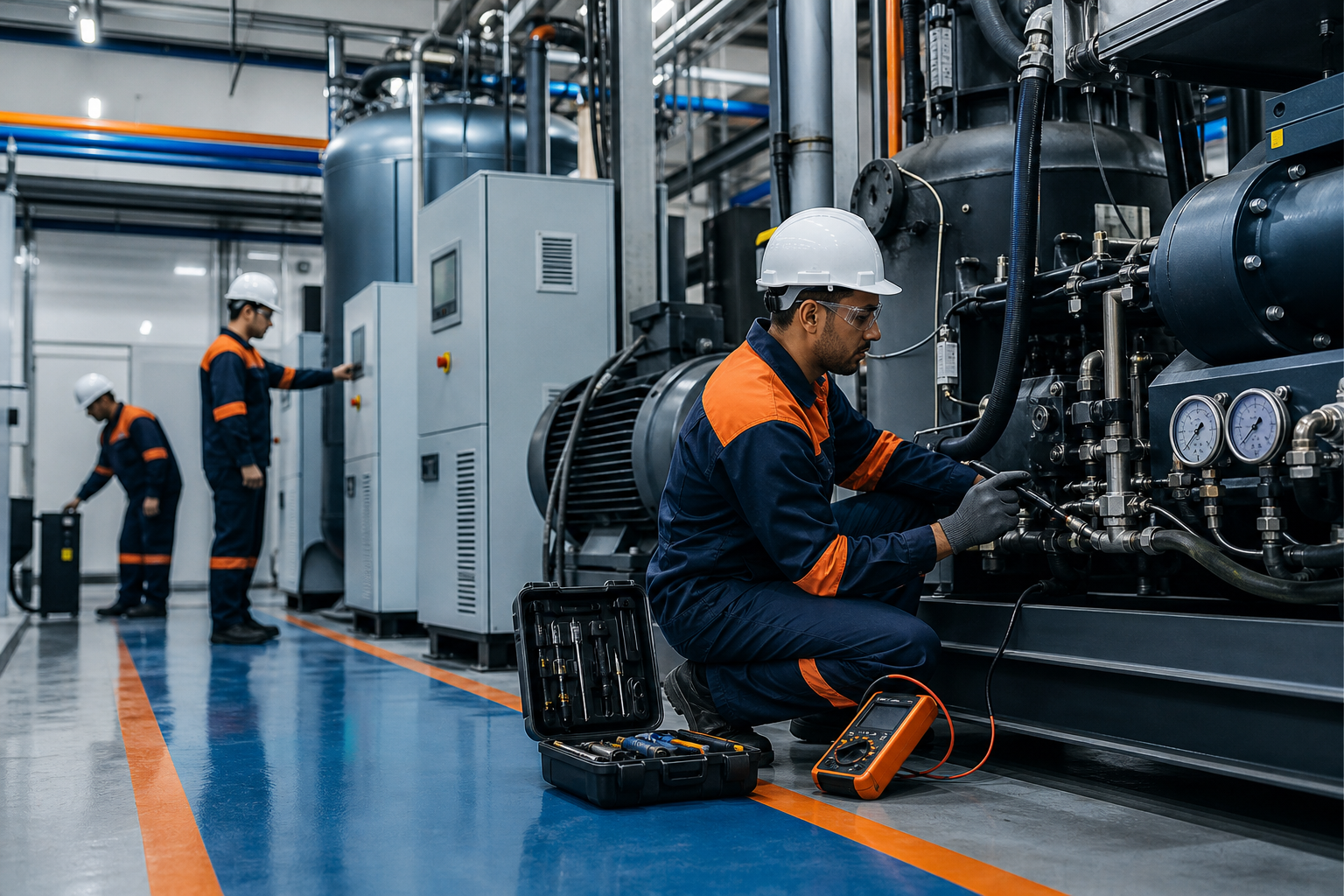Técnico em manutenção industrial analisando compressores de ar.