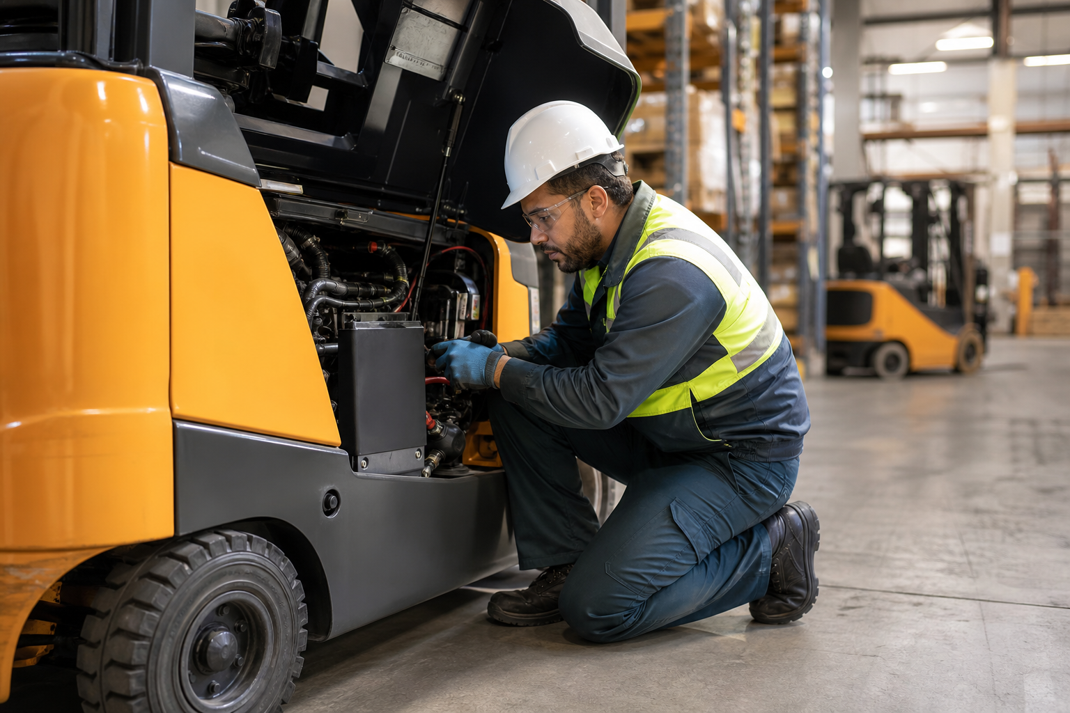 Técnico atuando em manutenção de empilhadeiras em ambiente industrial.
