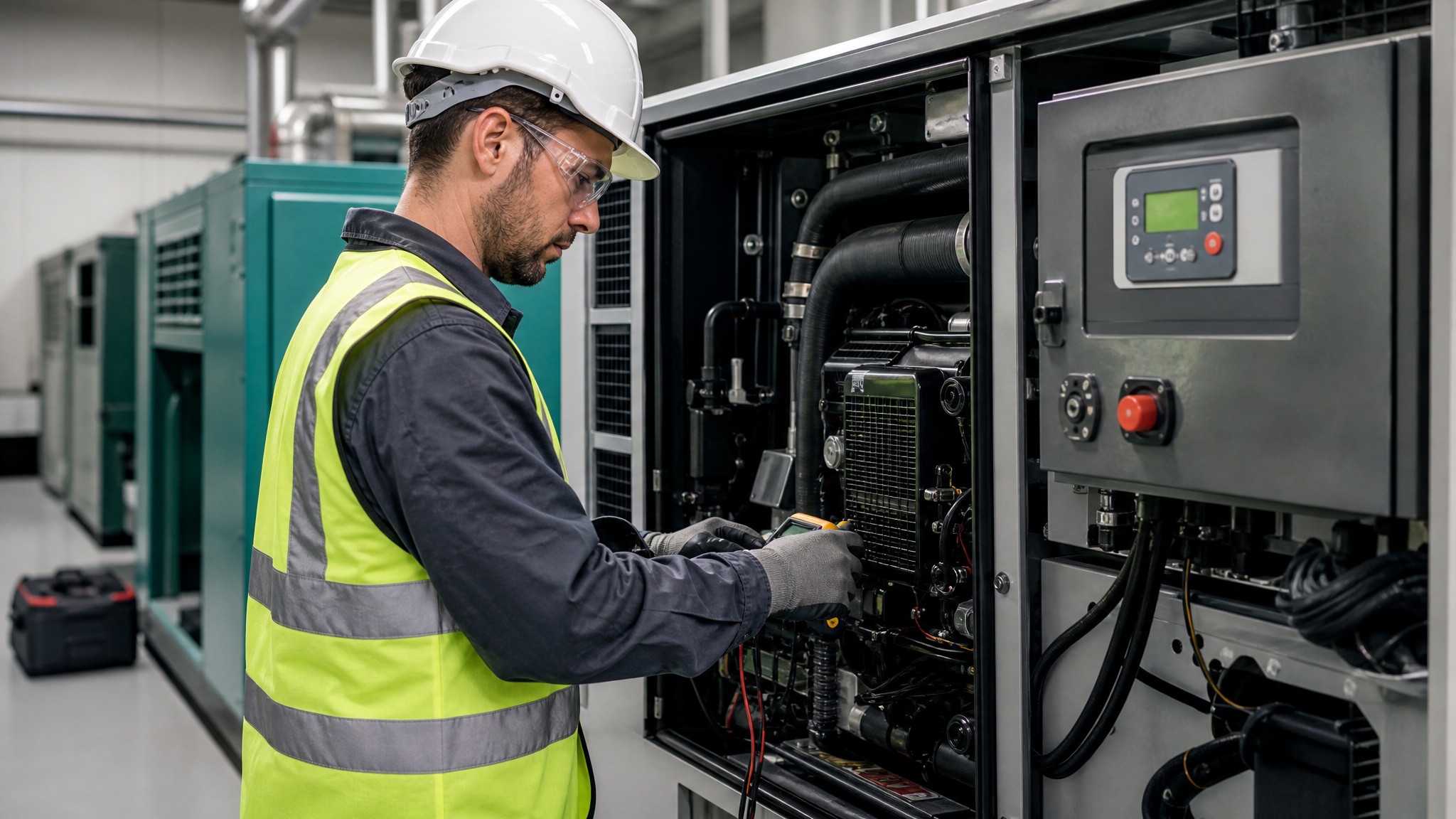 Técnico atuando em manutenção de geradores em ambiente industrial.